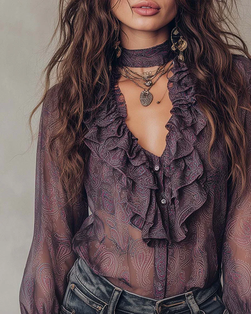 Lotus-Print Puff-Sleeve Blouse