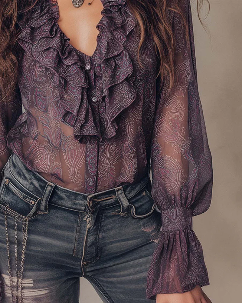 Lotus-Print Puff-Sleeve Blouse - Image 2