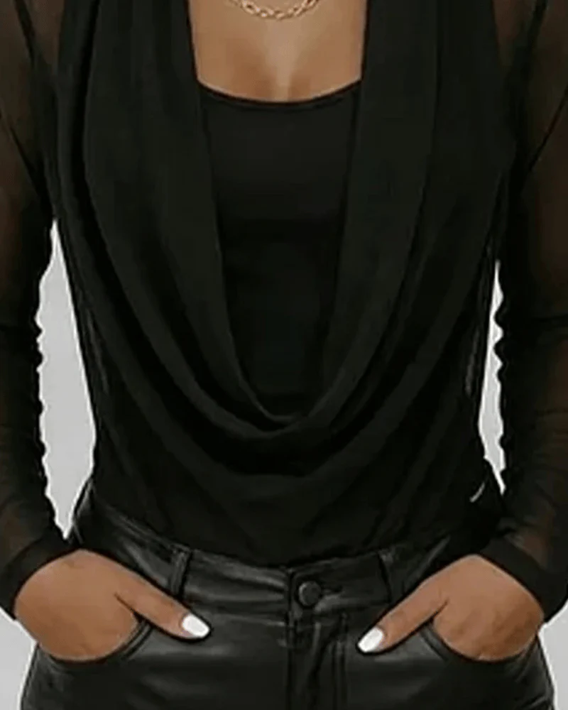 Mesh Sleeve Mock Neck Long Sleeve Top - Image 3