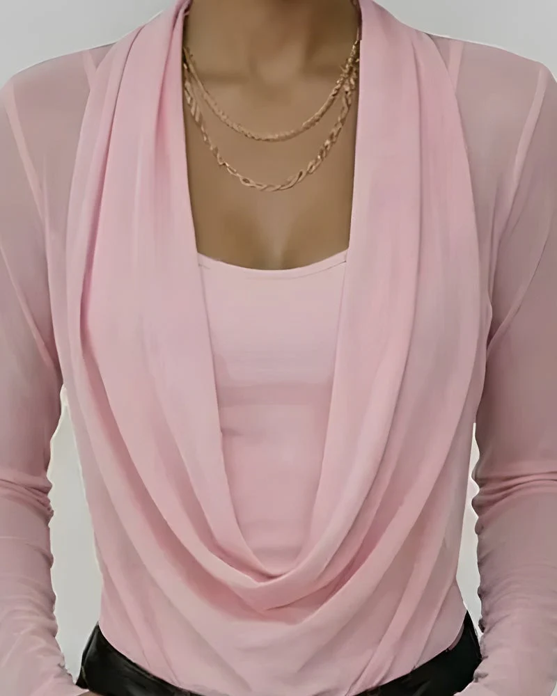 Mesh Sleeve Mock Neck Long Sleeve Top - Image 7