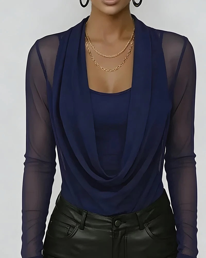 Mesh Sleeve Mock Neck Long Sleeve Top - Image 9