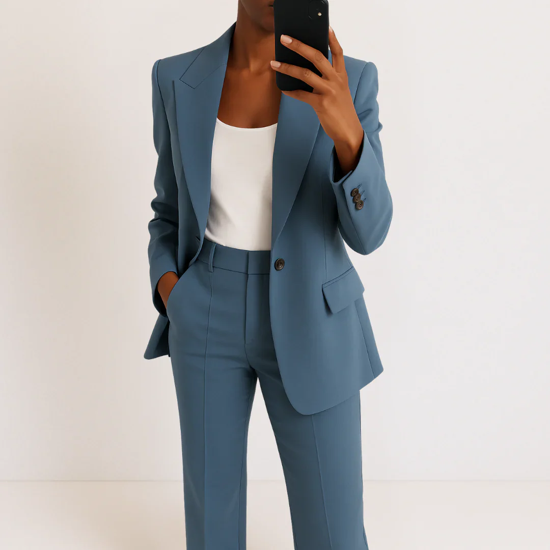 Modern Blazer Outfit with Bold Stripe Trim - Image 2