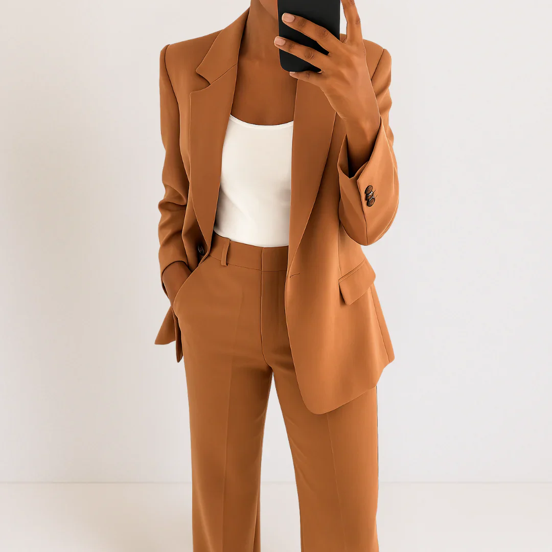 Modern Blazer Outfit with Bold Stripe Trim - Image 6