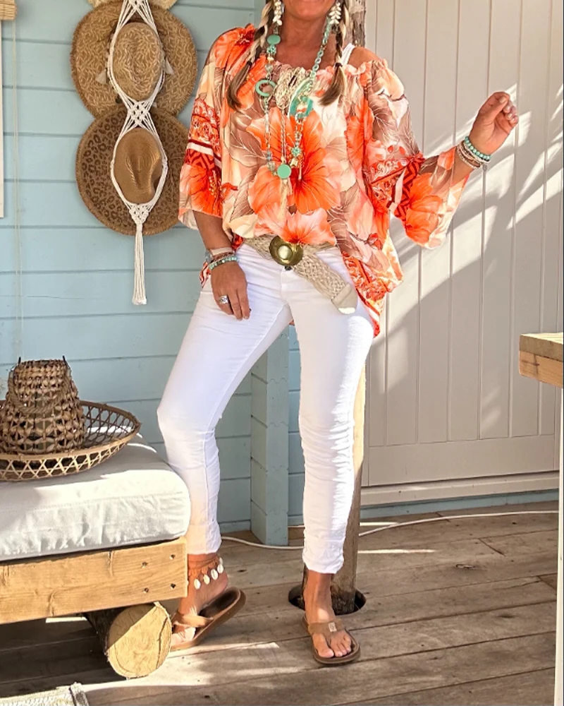 Off-Shoulder Resort Print Blouse - Image 12