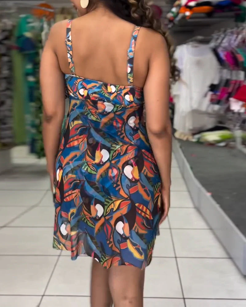 One-Piece Colorful Printed Slit Strap Swimsuit - Image 2