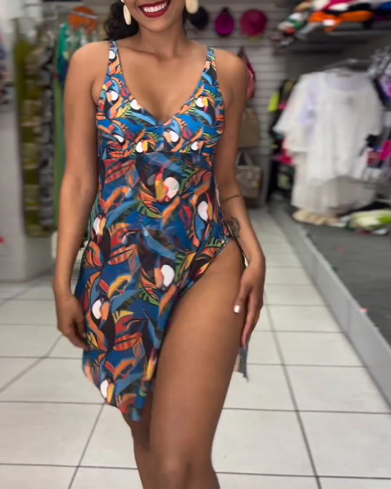 One-Piece Colorful Printed Slit Strap Swimsuit - Image 3