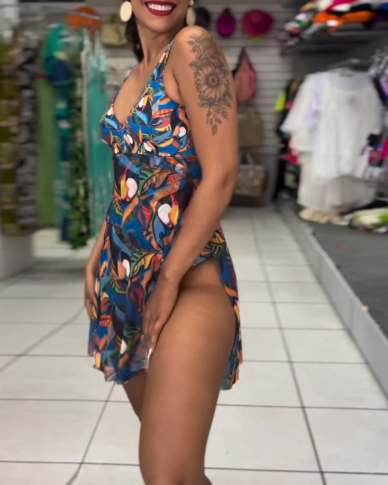 One-Piece Colorful Printed Slit Strap Swimsuit - Image 4