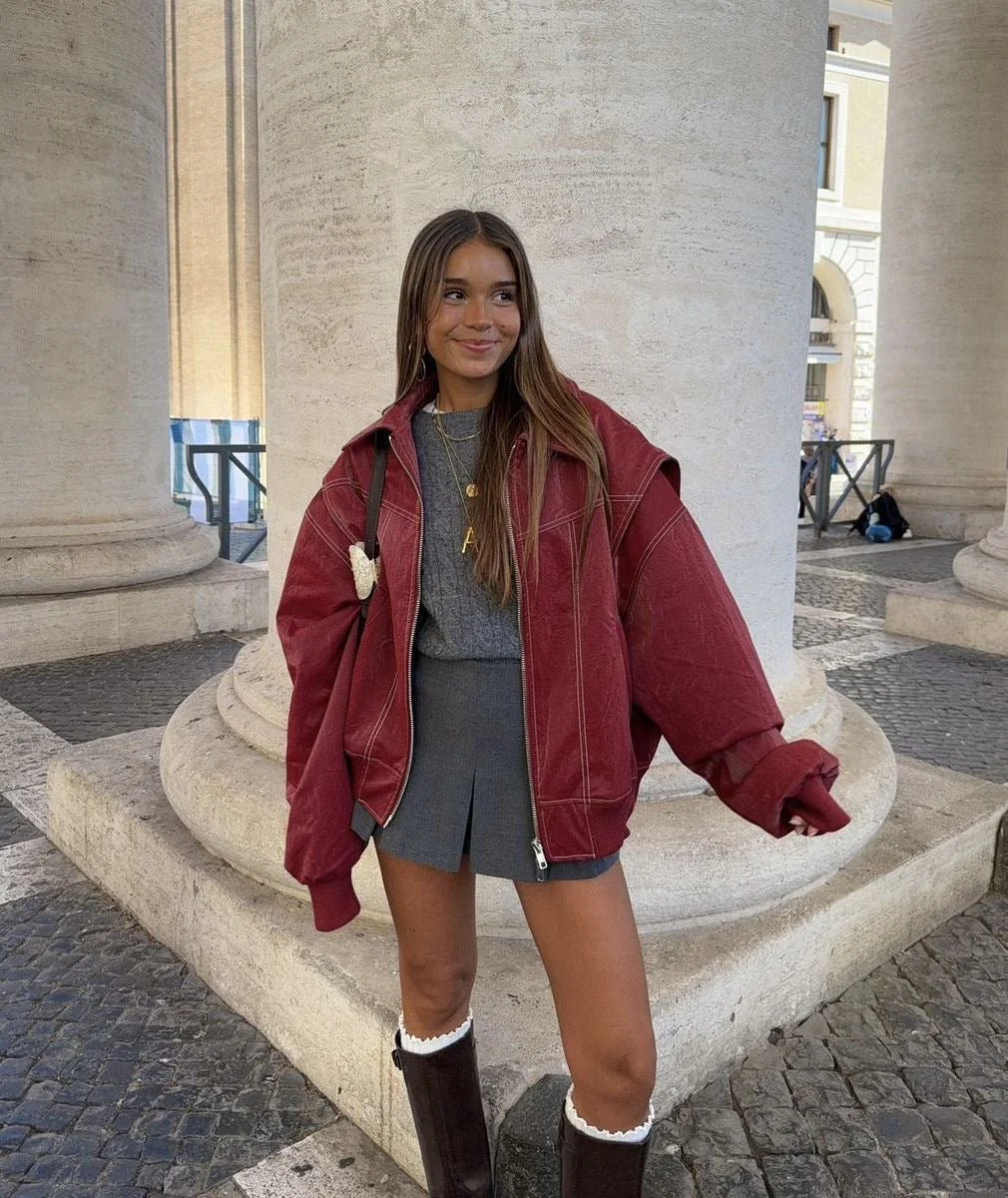 Oversized Leather Bomber Jacket - Image 2
