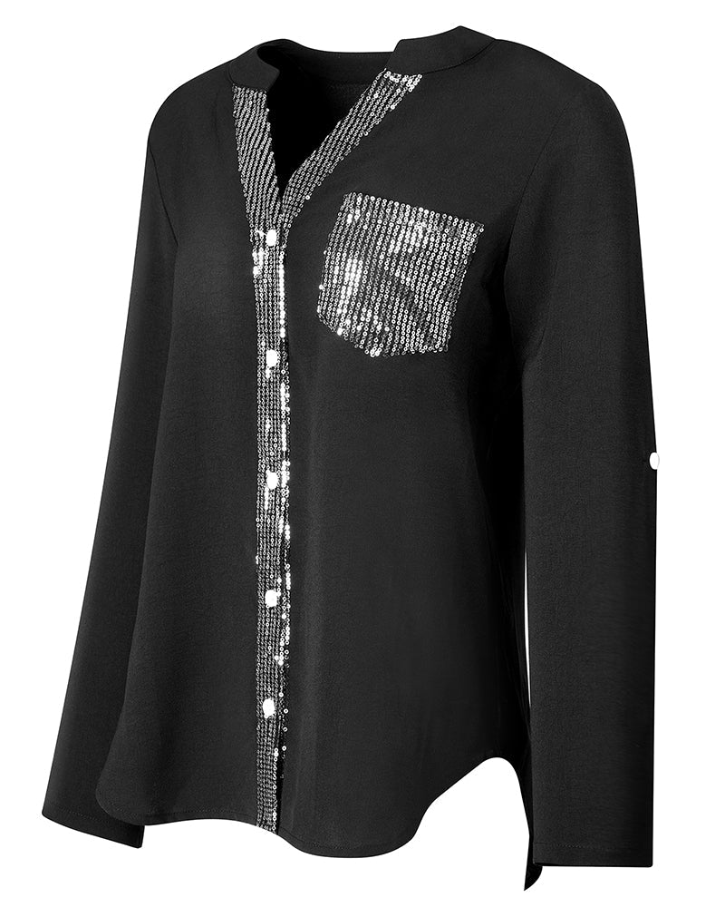 Paneled sequin button casual top - Image 11