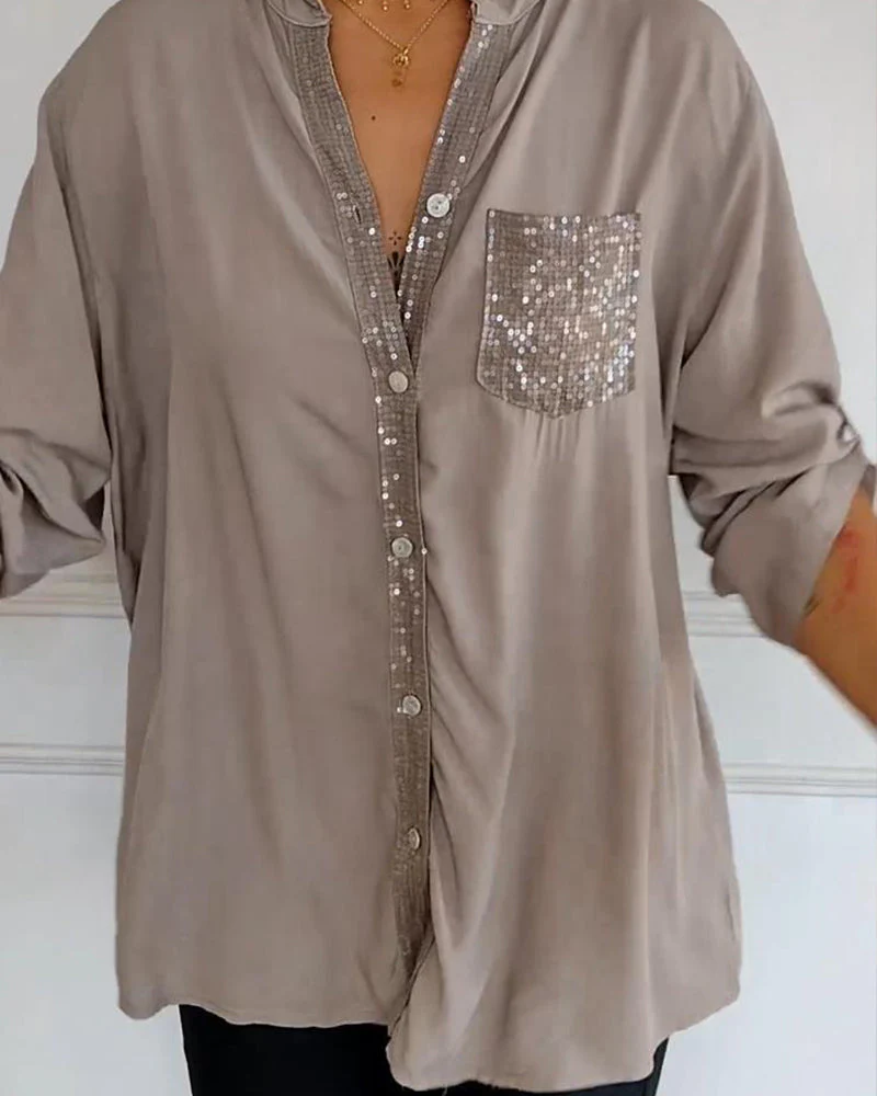 Paneled sequin button casual top - Image 15