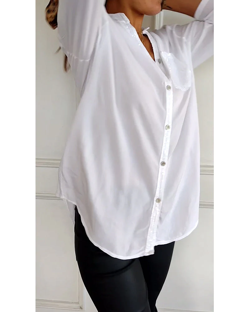 Paneled sequin button casual top - Image 17