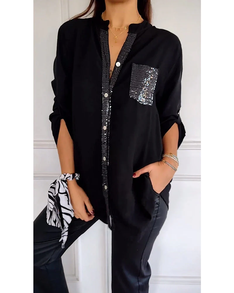 Paneled sequin button casual top - Image 22