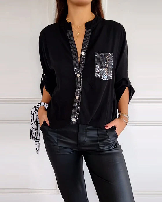 Paneled sequin button casual top - Image 23