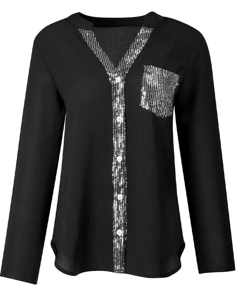 Paneled sequin button casual top - Image 40