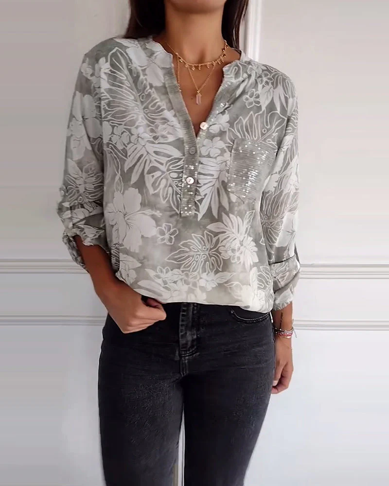 Patchwork Sequined Leaf Print Top