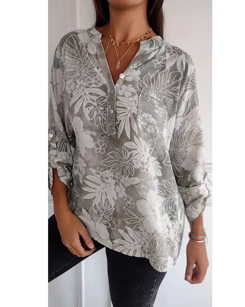 Patchwork Sequined Leaf Print Top - Image 2