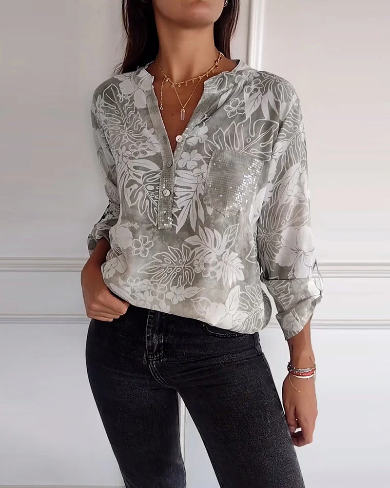 Patchwork Sequined Leaf Print Top - Image 3