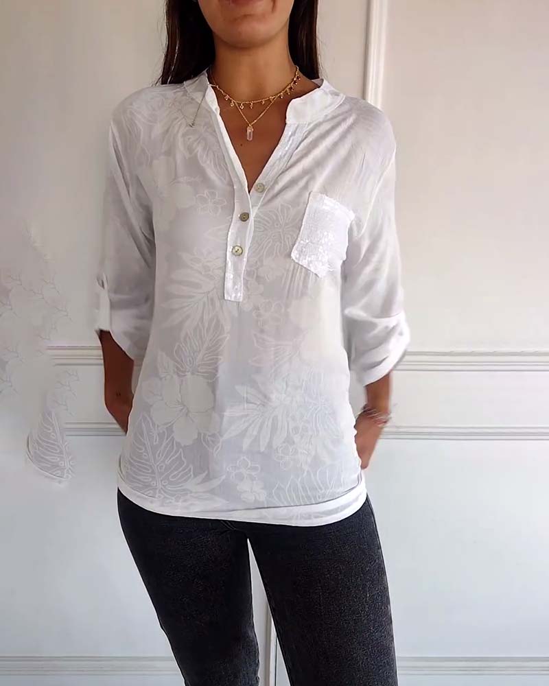 Patchwork Sequined Leaf Print Top - Image 4