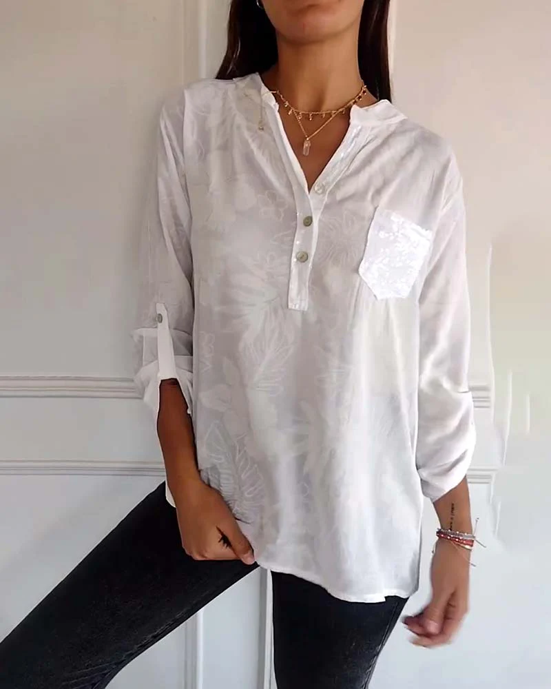 Patchwork Sequined Leaf Print Top - Image 6