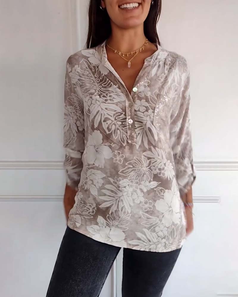 Patchwork Sequined Leaf Print Top - Image 7