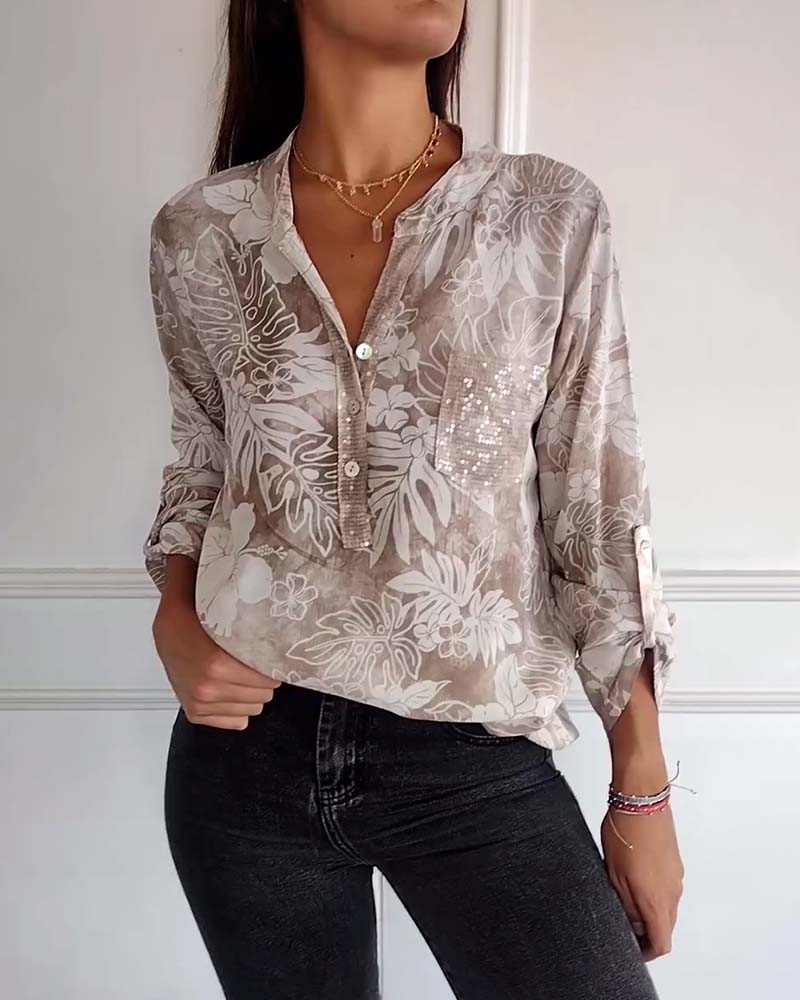 Patchwork Sequined Leaf Print Top - Image 8