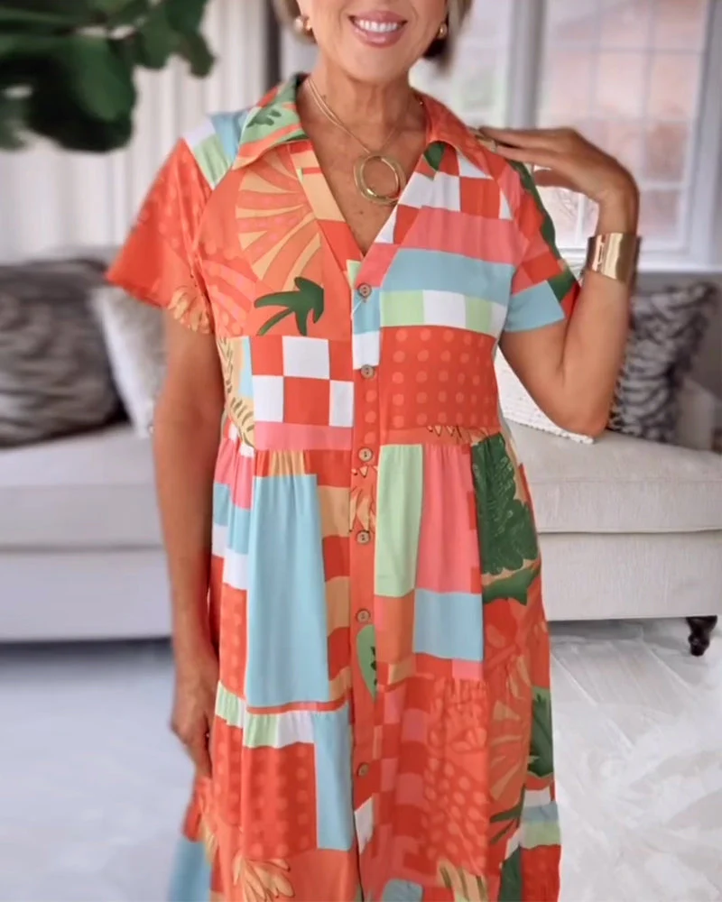 Patterned Short-Sleeve Casual Dress - Image 15