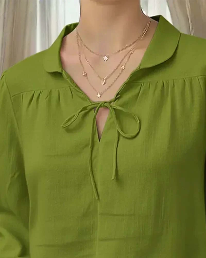 Peter Pan Collar Tie Solid Color Blouse - Image 2