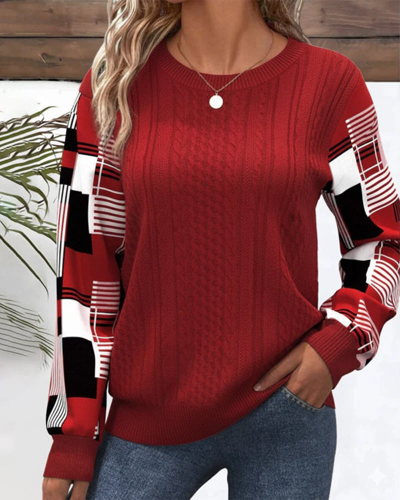 Plaid Color-Block Elegant Sweatshirt - Image 3