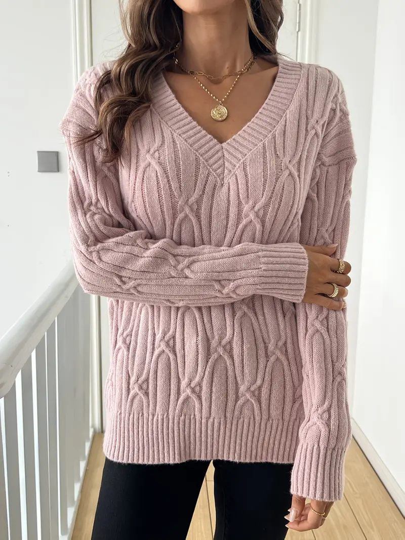 Plain V-neck Cable Knit Sweater for women's - Image 10