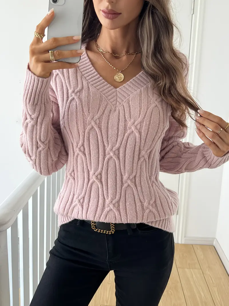 Plain V-neck Cable Knit Sweater for women's - Image 13