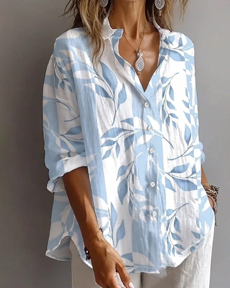 Plant Leaf Print Lapel Shirt - Image 3