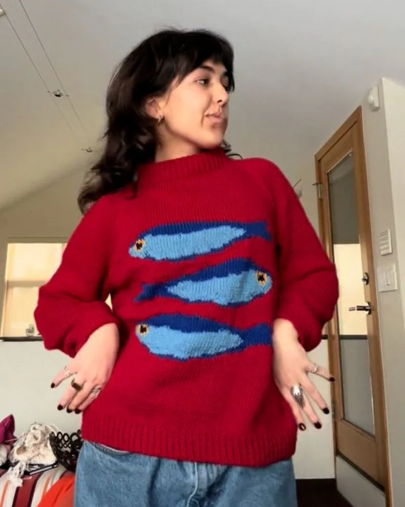 Playful Fish Print Knit Sweater - Image 6