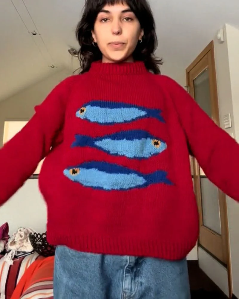 Playful Fish Print Knit Sweater - Image 8