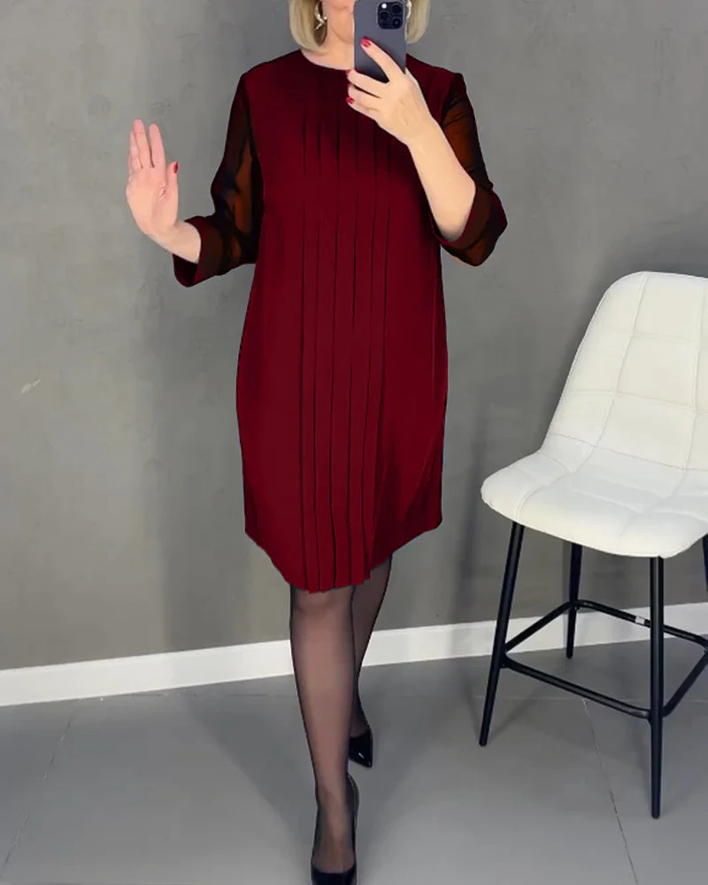 Pleated patchwork mesh solid color dress - Image 13