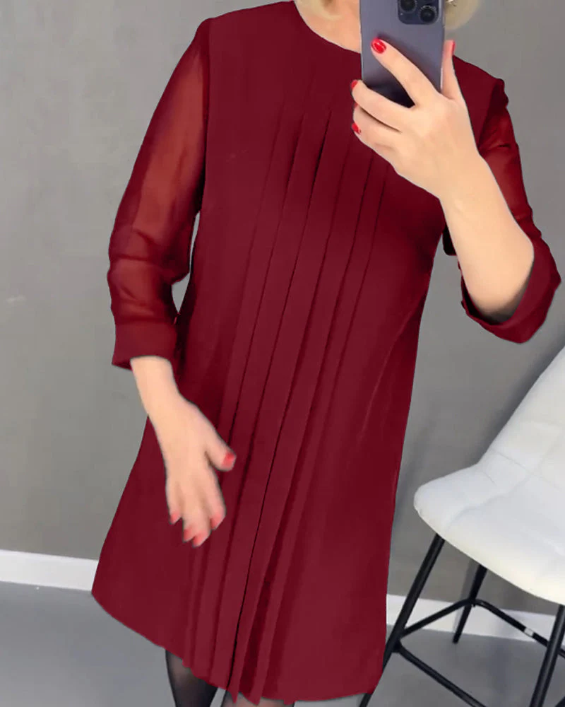 Pleated patchwork mesh solid color dress - Image 14
