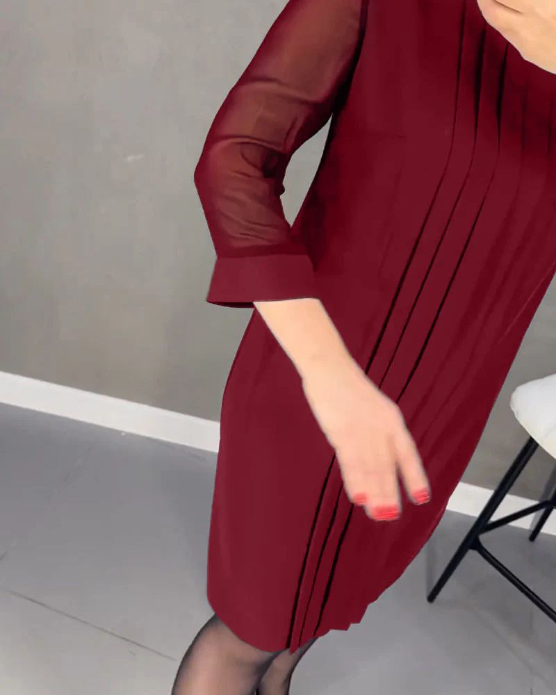 Pleated patchwork mesh solid color dress - Image 15