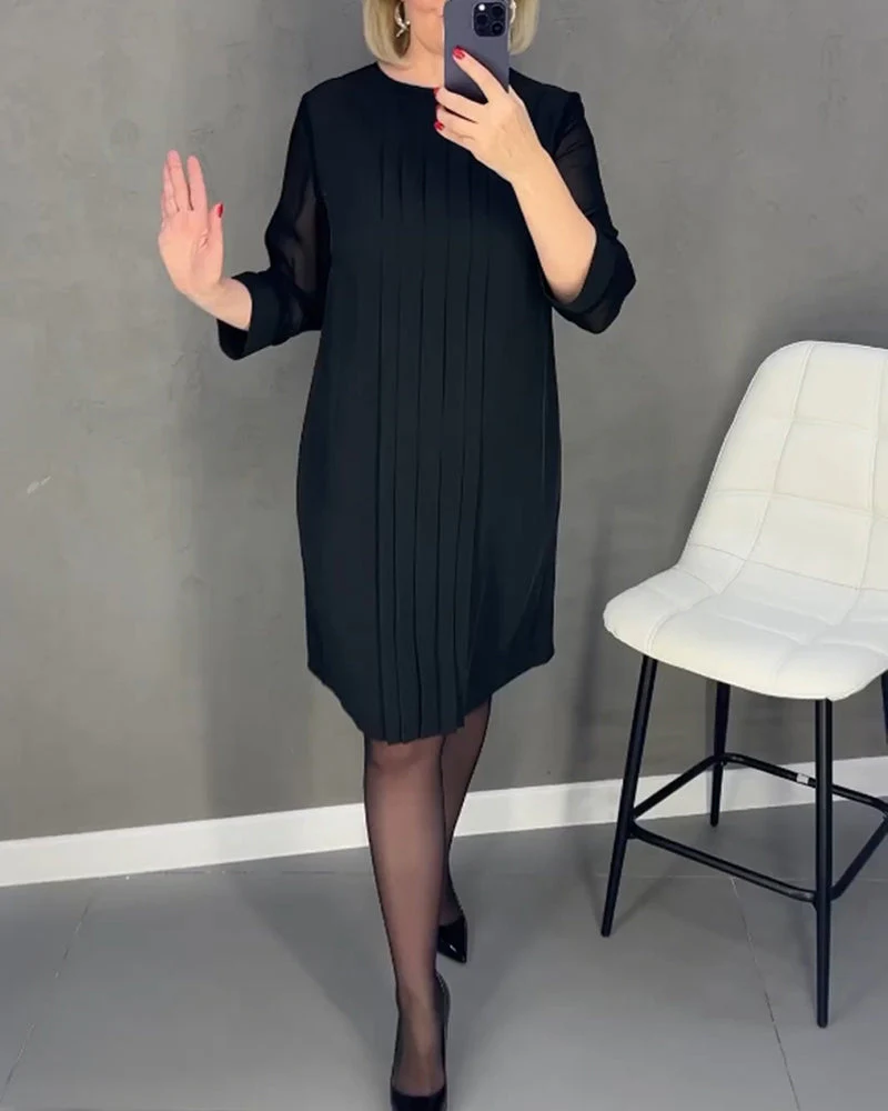 Pleated patchwork mesh solid color dress - Image 17