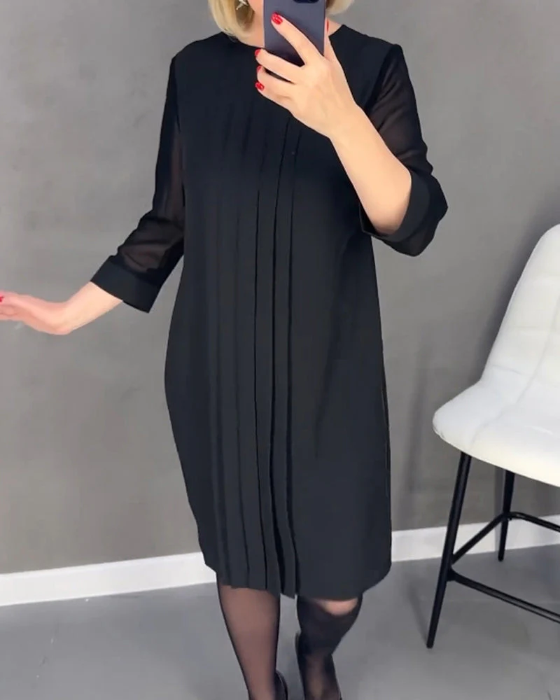 Pleated patchwork mesh solid color dress - Image 22