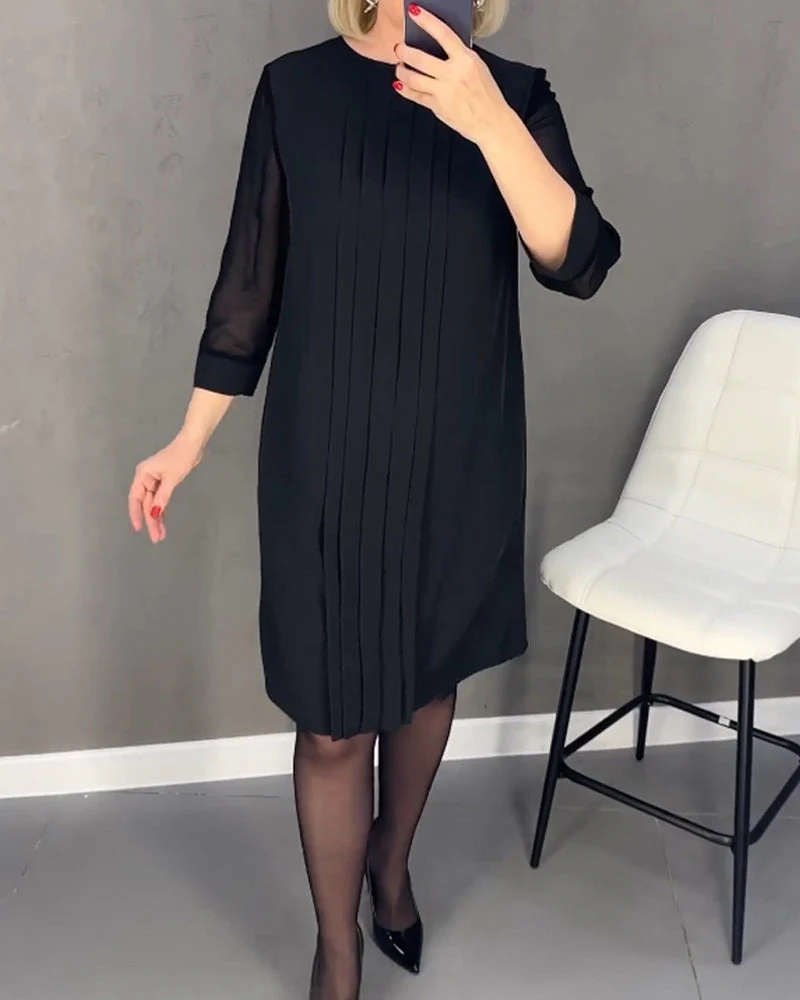 Pleated patchwork mesh solid color dress - Image 23