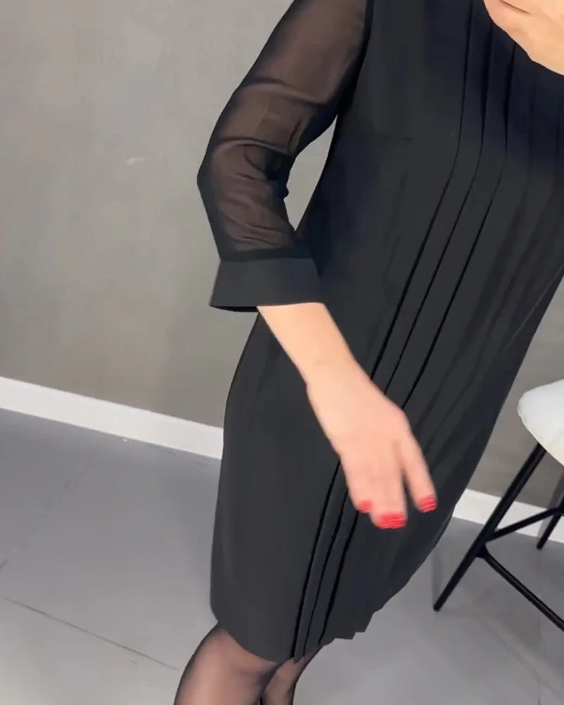 Pleated patchwork mesh solid color dress - Image 33