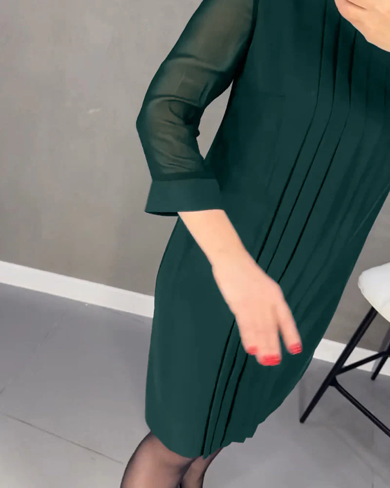 Pleated patchwork mesh solid color dress - Image 38