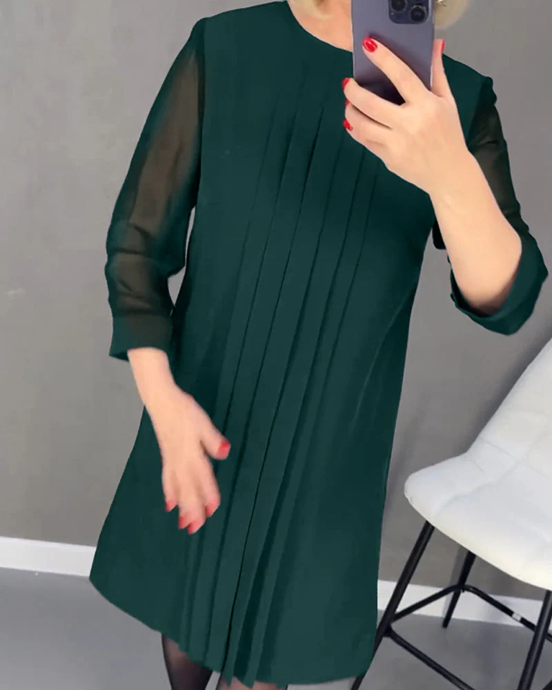 Pleated patchwork mesh solid color dress - Image 41