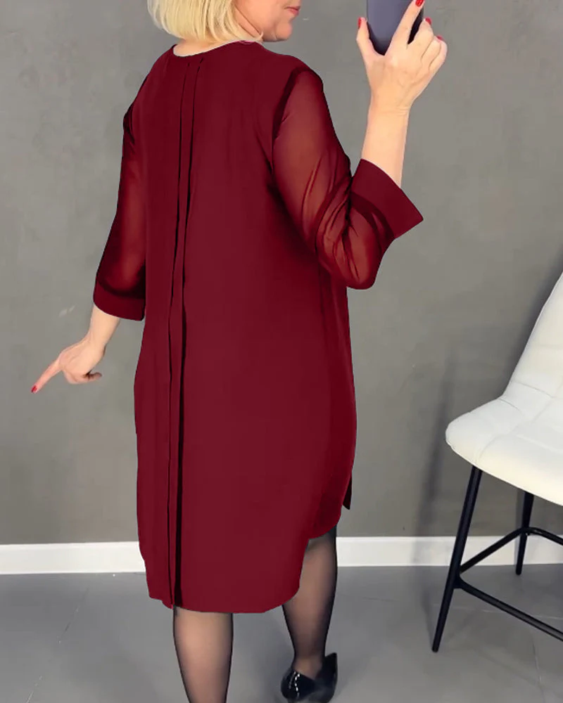 Pleated patchwork mesh solid color dress - Image 45
