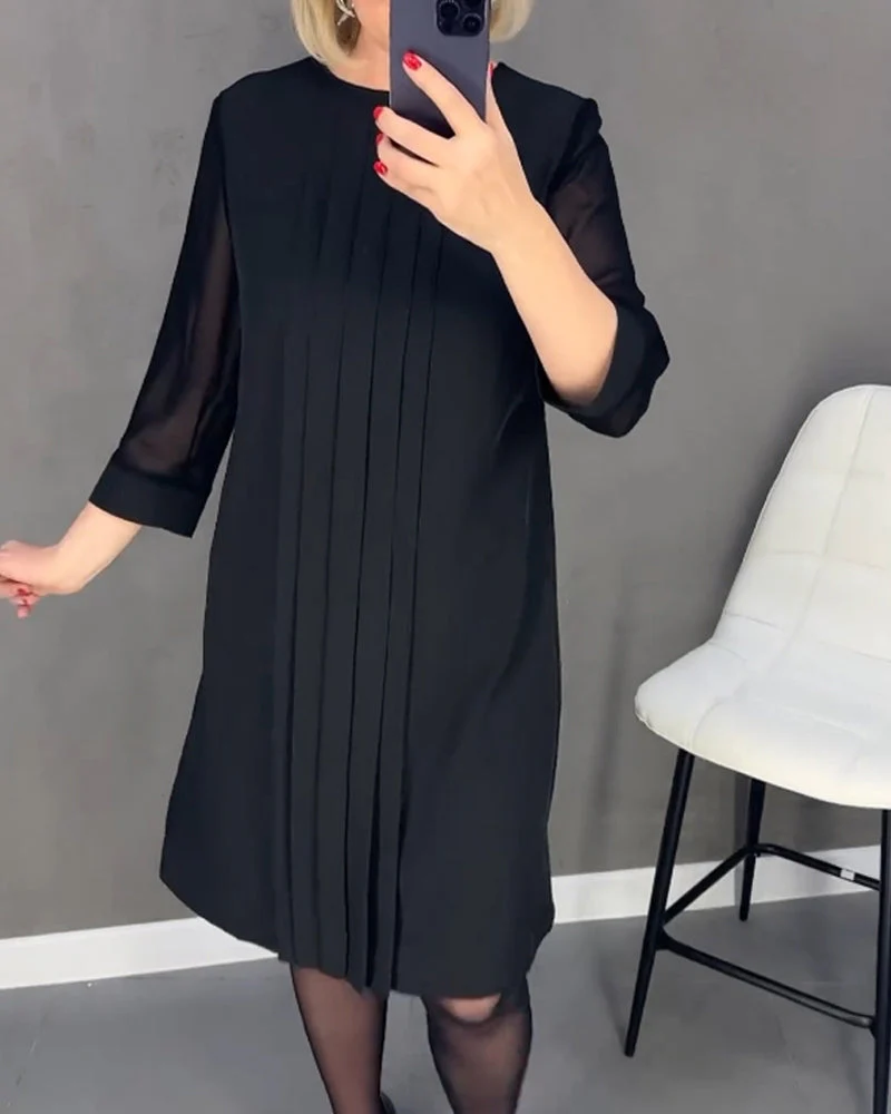 Pleated patchwork mesh solid color dress - Image 6