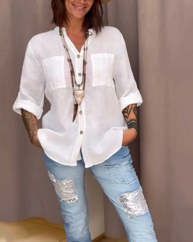Pocket simple button solid color shirt - Image 2