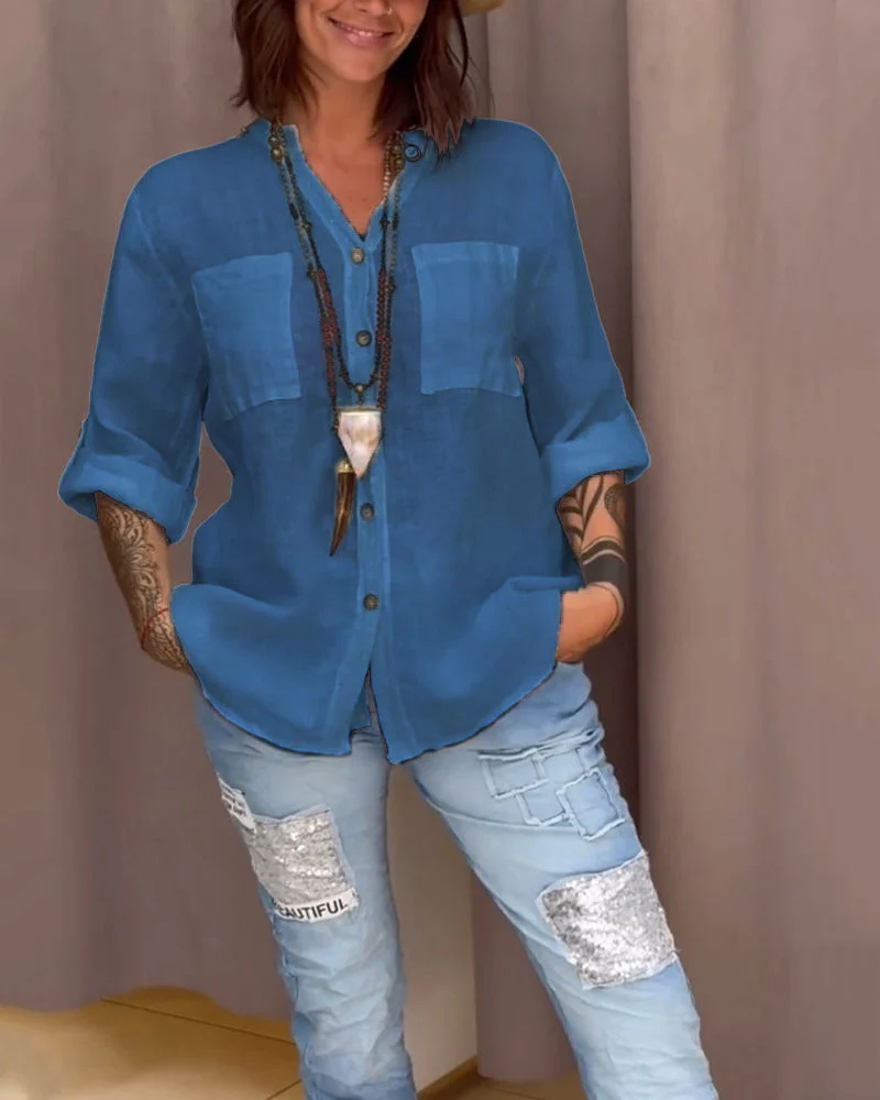 Pocket simple button solid color shirt - Image 9