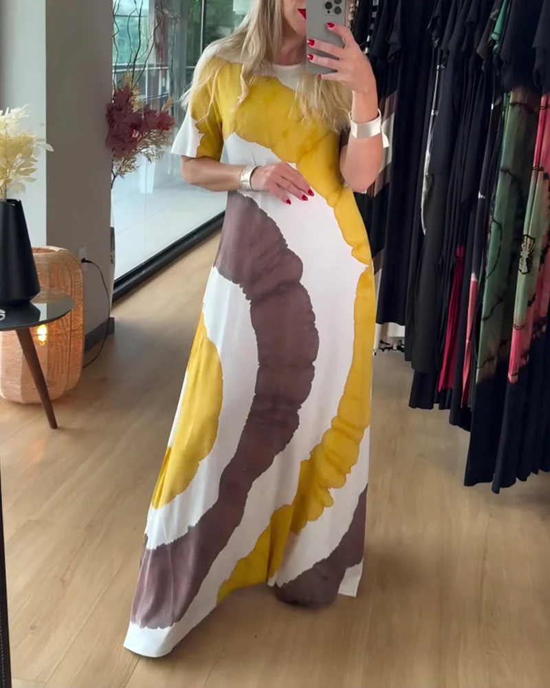 Print Round Neck Short-Sleeve Dress
