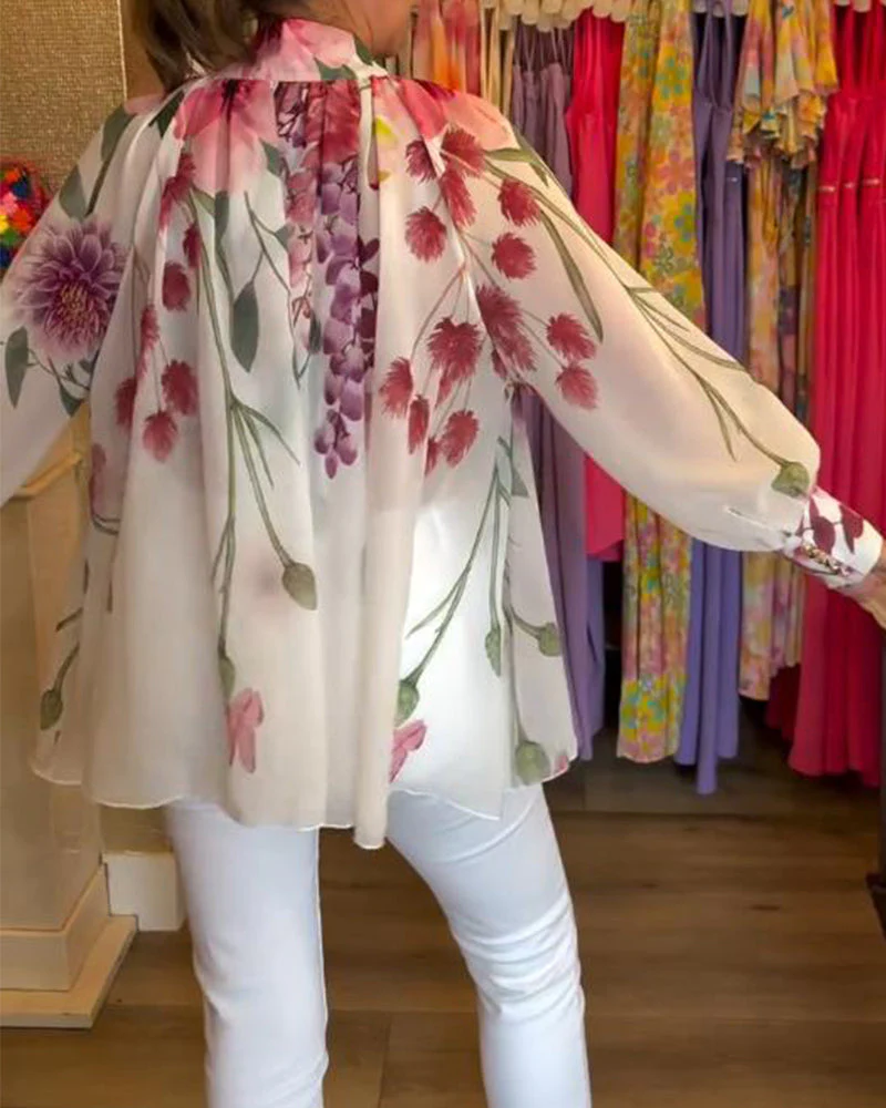 Printed Casual Lantern Sleeve Top - Image 11