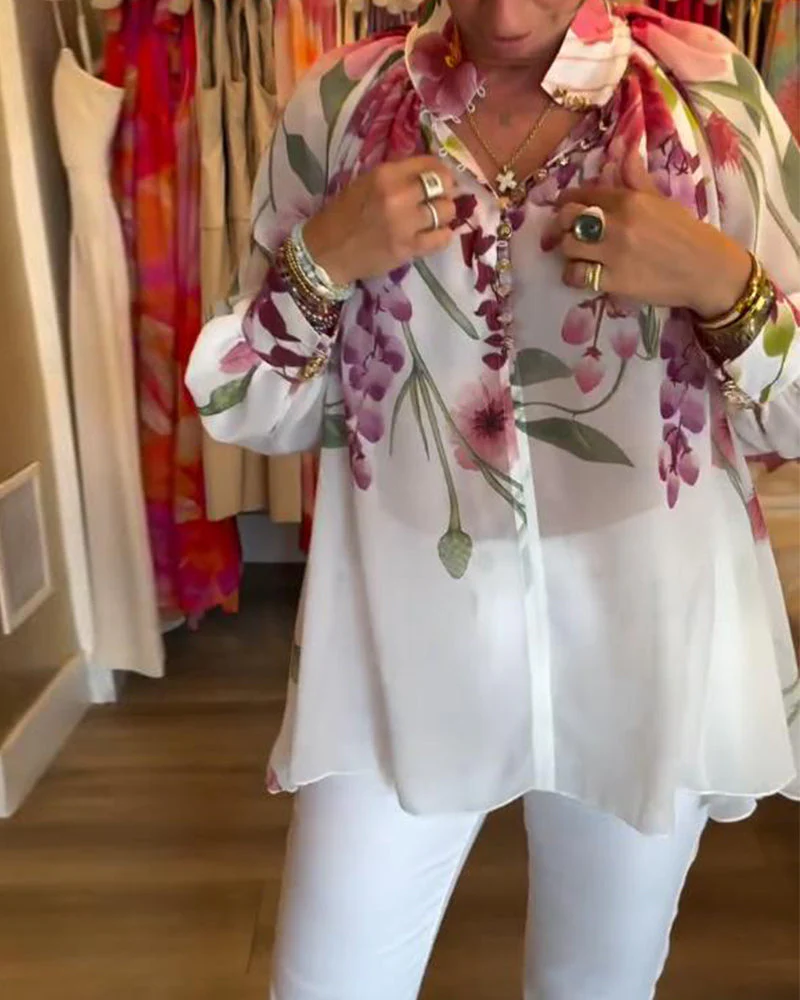 Printed Casual Lantern Sleeve Top - Image 4