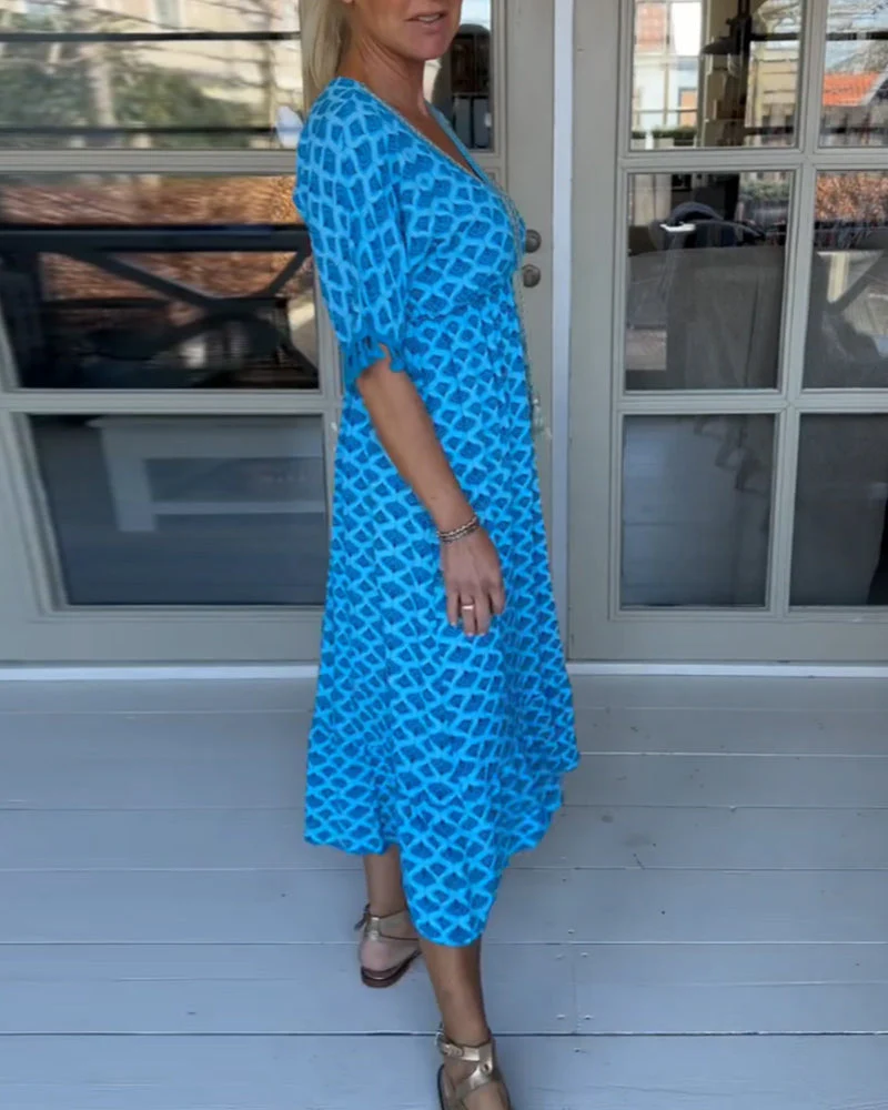 Printed V-Neck Casual Dress with Easy Fit - Image 16